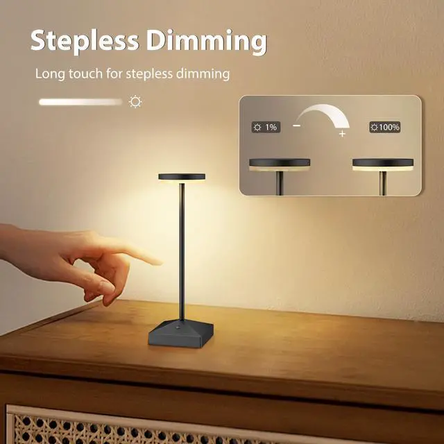 Alt view image 6 of 7 - 3 Pack Small Black Rechargeable Cordless Table Lamps Dimmable