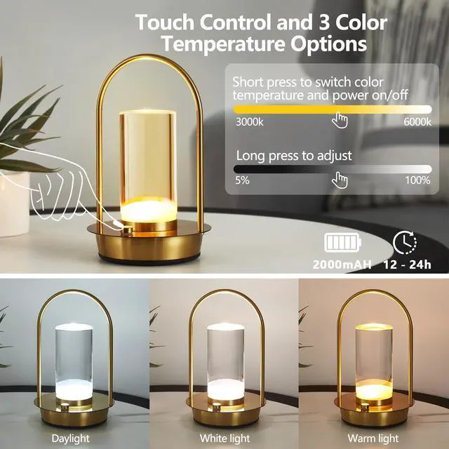 Alt view image 3 of 7 - Cordless Table Lamp, 3-Color & Stepless Dimming with Touch Control, Portable Rechargeable for Outdoor Indoor Use, Water-Resistant Desk Light for Bedroom Living Room Patio (Gold)