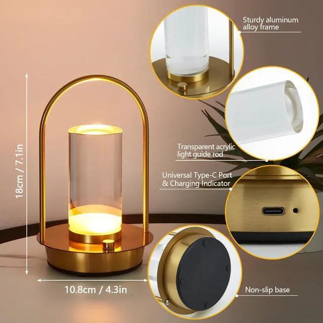 Alt view image 4 of 7 - Cordless Table Lamp, 3-Color & Stepless Dimming with Touch Control, Portable Rechargeable for Outdoor Indoor Use, Water-Resistant Desk Light for Bedroom Living Room Patio (Gold)