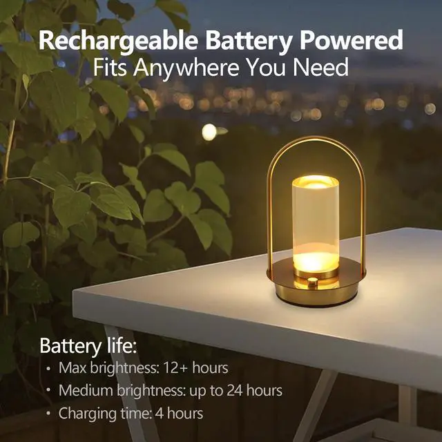 Alt view image 5 of 7 - Cordless Table Lamp, 3-Color & Stepless Dimming with Touch Control, Portable Rechargeable for Outdoor Indoor Use, Water-Resistant Desk Light for Bedroom Living Room Patio (Gold)