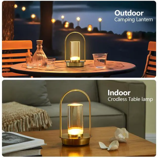Alt view image 6 of 7 - Cordless Table Lamp, 3-Color & Stepless Dimming with Touch Control, Portable Rechargeable for Outdoor Indoor Use, Water-Resistant Desk Light for Bedroom Living Room Patio (Gold)