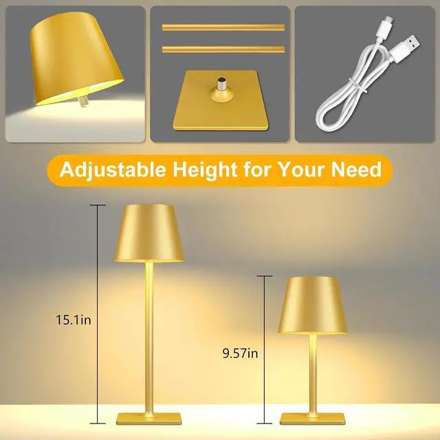 Alt view image 4 of 7 - Gold Rechargeable Cordless Table Lamp, Battery Operated, 2 Pack