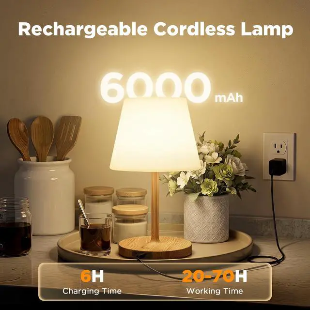 Alt view image 5 of 7 - 2 Pack Shower Lamp Waterproof, 6000mAh Rechargeable Cordless Table Lamp with 3 Color Temps and Stepless Dimming, Touch Control & Portable LED Nightlight for Bathroom, Desk, Outdoor(Wood Grain)