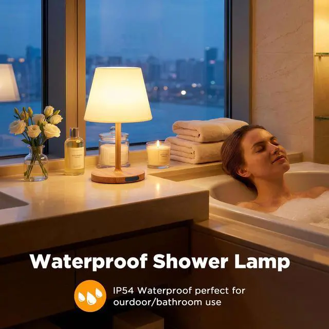 Alt view image 4 of 7 - 2 Pack Shower Lamp Waterproof, 6000mAh Rechargeable Cordless Table Lamp with 3 Color Temps and Stepless Dimming, Touch Control & Portable LED Nightlight for Bathroom, Desk, Outdoor(Wood Grain)