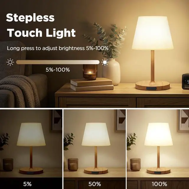 Alt view image 3 of 7 - 2 Pack Shower Lamp Waterproof, 6000mAh Rechargeable Cordless Table Lamp with 3 Color Temps and Stepless Dimming, Touch Control & Portable LED Nightlight for Bathroom, Desk, Outdoor(Wood Grain)