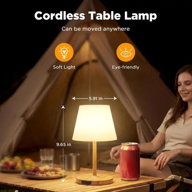 Alt view image 6 of 7 - 2 Pack Shower Lamp Waterproof, 6000mAh Rechargeable Cordless Table Lamp with 3 Color Temps and Stepless Dimming, Touch Control & Portable LED Nightlight for Bathroom, Desk, Outdoor(Wood Grain)