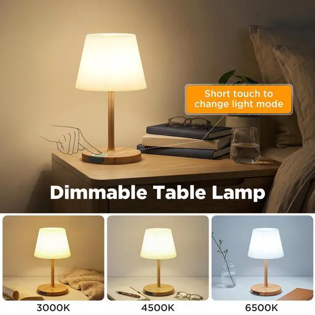 Alt view image 2 of 7 - 2 Pack Shower Lamp Waterproof, 6000mAh Rechargeable Cordless Table Lamp with 3 Color Temps and Stepless Dimming, Touch Control & Portable LED Nightlight for Bathroom, Desk, Outdoor(Wood Grain)