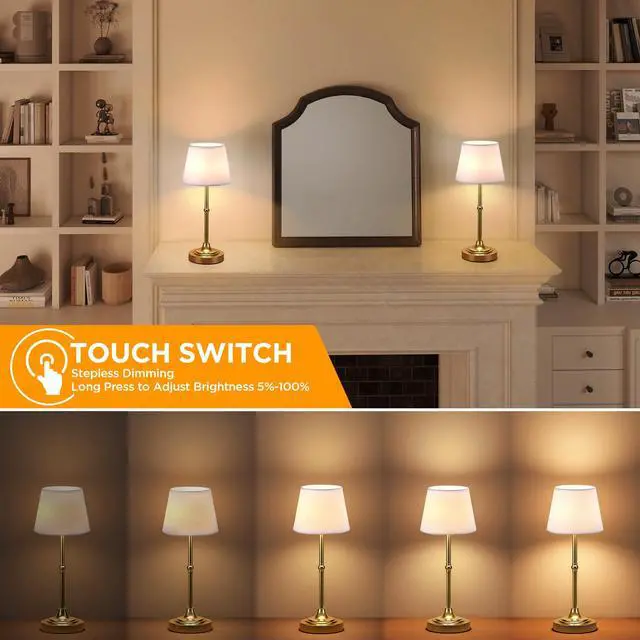 Alt view image 3 of 7 - 2 Pack Cordless Table Lamp, Battery Operated Lamp with 3 Color Temps and Stepless Dimming, 5200mAh Portable Rechargeable Table Lamp for Restaurant/Bedroom/Bars/Outdoor (Brushed Gold)