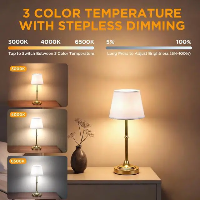Alt view image 2 of 7 - 2 Pack Cordless Table Lamp, Battery Operated Lamp with 3 Color Temps and Stepless Dimming, 5200mAh Portable Rechargeable Table Lamp for Restaurant/Bedroom/Bars/Outdoor (Brushed Gold)