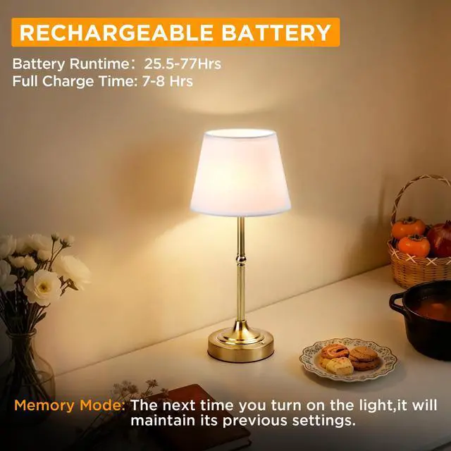 Alt view image 6 of 7 - 2 Pack Cordless Table Lamp, Battery Operated Lamp with 3 Color Temps and Stepless Dimming, 5200mAh Portable Rechargeable Table Lamp for Restaurant/Bedroom/Bars/Outdoor (Brushed Gold)