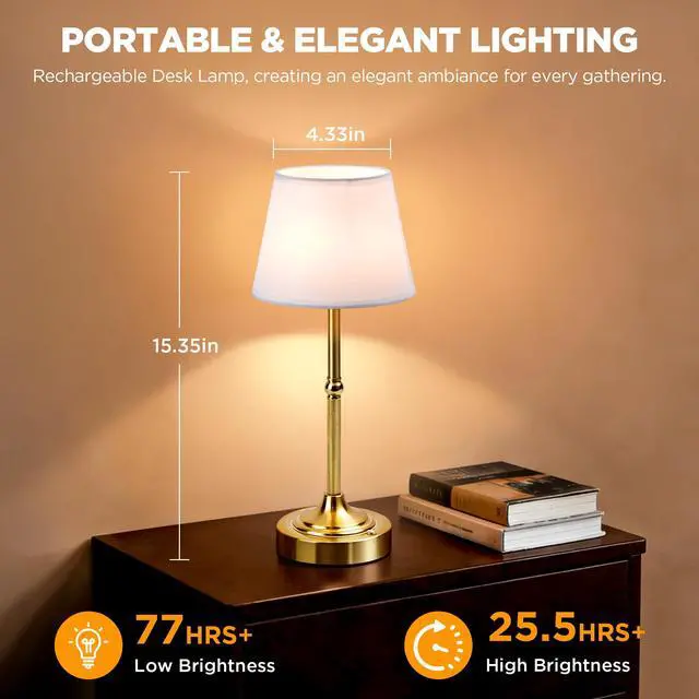 Alt view image 4 of 7 - 2 Pack Cordless Table Lamp, Battery Operated Lamp with 3 Color Temps and Stepless Dimming, 5200mAh Portable Rechargeable Table Lamp for Restaurant/Bedroom/Bars/Outdoor (Brushed Gold)