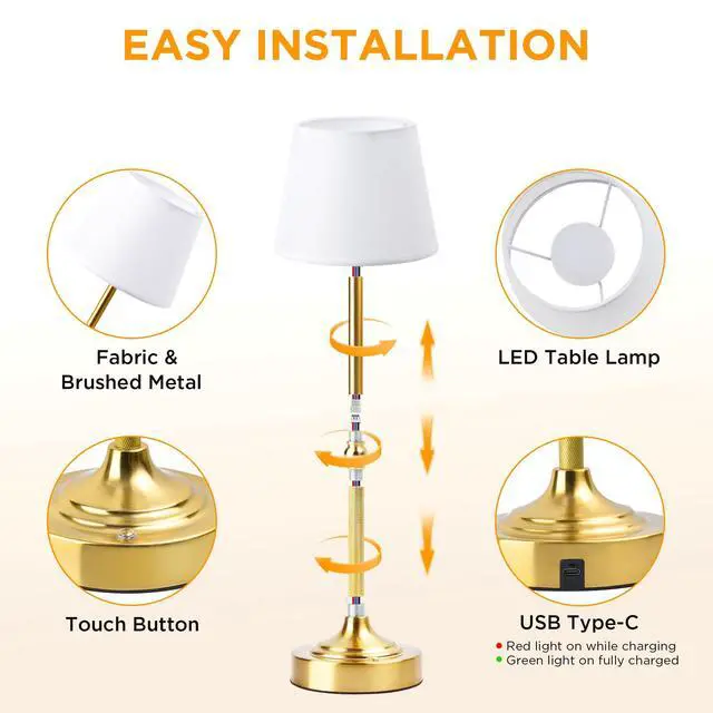 Alt view image 5 of 7 - 2 Pack Cordless Table Lamp, Battery Operated Lamp with 3 Color Temps and Stepless Dimming, 5200mAh Portable Rechargeable Table Lamp for Restaurant/Bedroom/Bars/Outdoor (Brushed Gold)