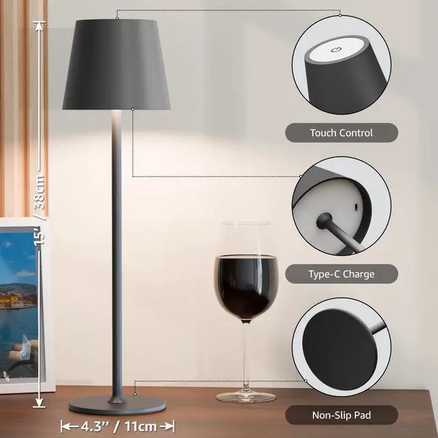 Alt view image 2 of 7 - 2 Pack Cordless Table Lamp Rechargeable 5000mAH Battery Operated Lights Touch Control LED Portable Desk Lamps 3 Color Dimming for Outdoor Coffee Bedroom Kitchen (Black)