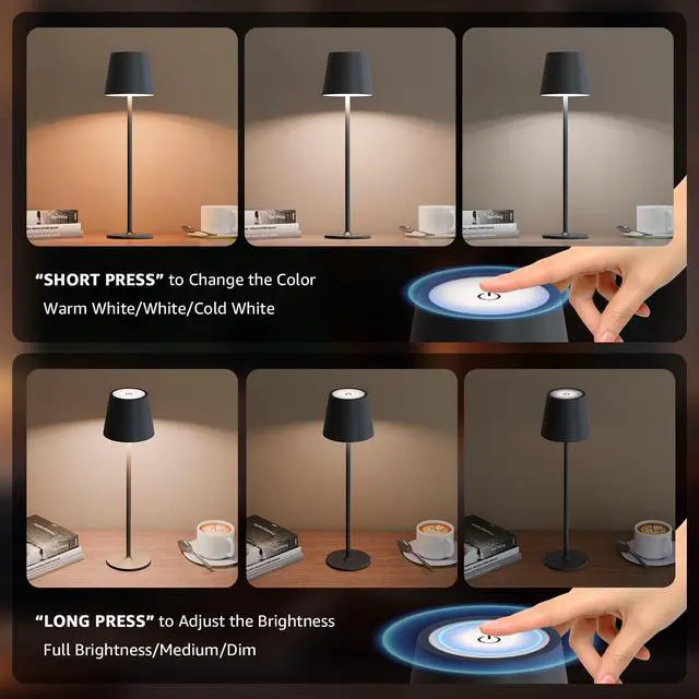 Alt view image 4 of 7 - 2 Pack Cordless Table Lamp Rechargeable 5000mAH Battery Operated Lights Touch Control LED Portable Desk Lamps 3 Color Dimming for Outdoor Coffee Bedroom Kitchen (Black)