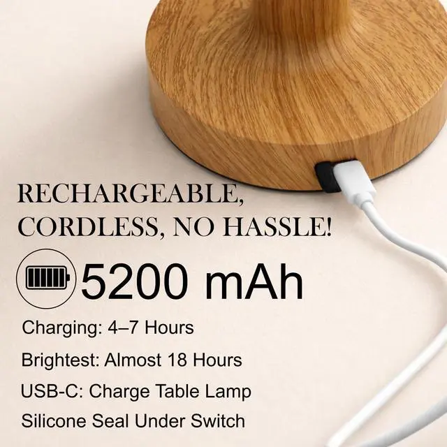 Alt view image 6 of 7 - Cordless Table Lamp, Rechargeable Table Lamp, Waterproof Shower Lamp, 5200mAh Small Lamps, 3-Color Dimmable Touch Light, Portable Outdoor and indoor table lamp, Bedside night light (Natural Wood)