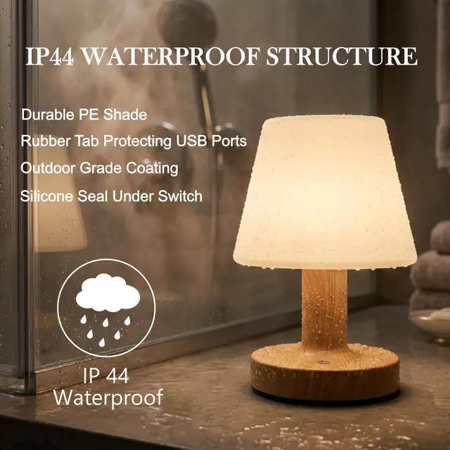 Alt view image 3 of 7 - Cordless Table Lamp, Rechargeable Table Lamp, Waterproof Shower Lamp, 5200mAh Small Lamps, 3-Color Dimmable Touch Light, Portable Outdoor and indoor table lamp, Bedside night light (Natural Wood)