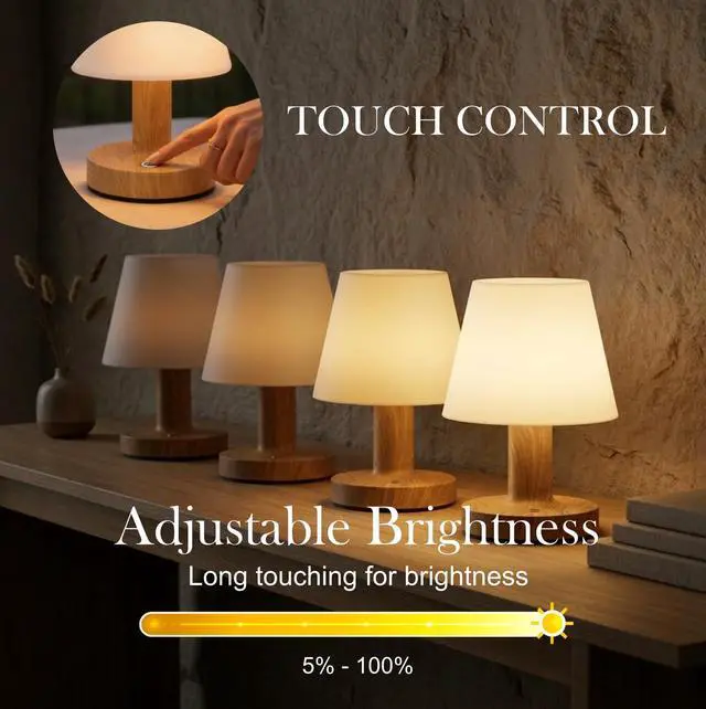 Alt view image 4 of 7 - Cordless Table Lamp, Rechargeable Table Lamp, Waterproof Shower Lamp, 5200mAh Small Lamps, 3-Color Dimmable Touch Light, Portable Outdoor and indoor table lamp, Bedside night light (Natural Wood)