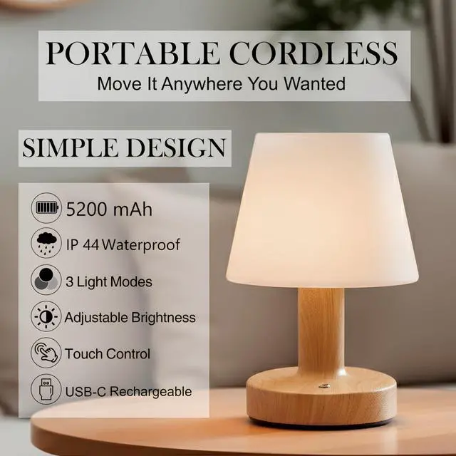 Alt view image 2 of 7 - Cordless Table Lamp, Rechargeable Table Lamp, Waterproof Shower Lamp, 5200mAh Small Lamps, 3-Color Dimmable Touch Light, Portable Outdoor and indoor table lamp, Bedside night light (Natural Wood)