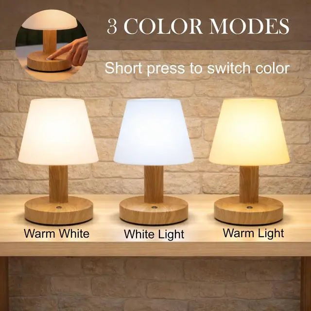 Alt view image 5 of 7 - Cordless Table Lamp, Rechargeable Table Lamp, Waterproof Shower Lamp, 5200mAh Small Lamps, 3-Color Dimmable Touch Light, Portable Outdoor and indoor table lamp, Bedside night light (Natural Wood)