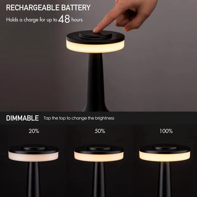 Alt view image 2 of 7 - Portable LED Table Lamp with Touch Sensor, 3-Levels Brightness, Rechargeable Battery Up to 48 Hours Usage, Night Light for Kids Nursery, Nightstand Lamp, Bedside Lamp (Matte Black)