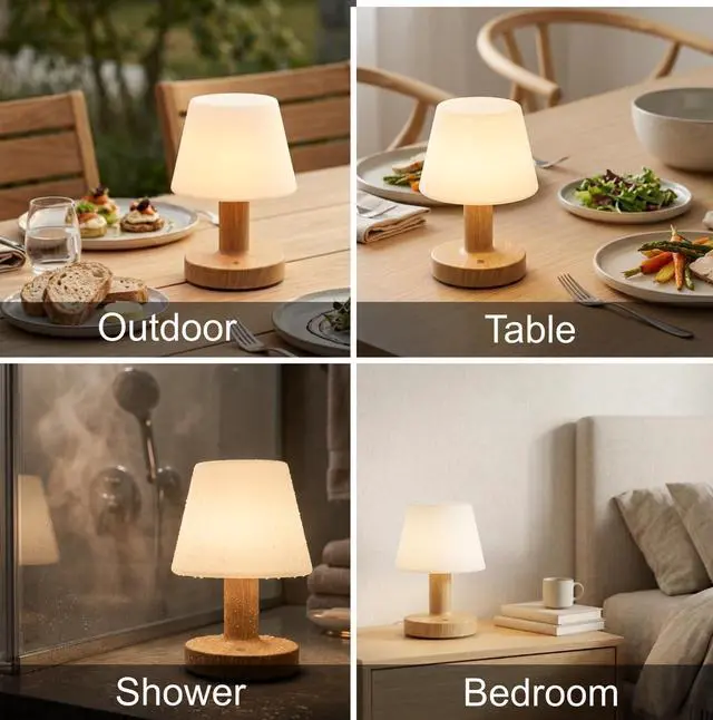 Alt view image 7 of 7 - Cordless Table Lamp, Rechargeable Table Lamp, Waterproof Shower Lamp, 5200mAh Small Lamps, 3-Color Dimmable Touch Light, Portable Outdoor and indoor table lamp, Bedside night light (Natural Wood)