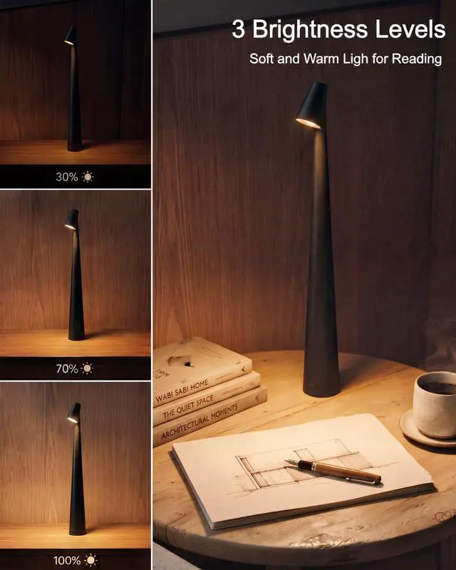 Alt view image 2 of 7 - Cordless LED Table Lamp, 4000mAh Rechargeable Portable Desk Lamp, 3-Level Brightness, Bedside Night Light, Ambient Reading Light for Restaurant, Bedroom, Outdoor Camping, Night Light, Black