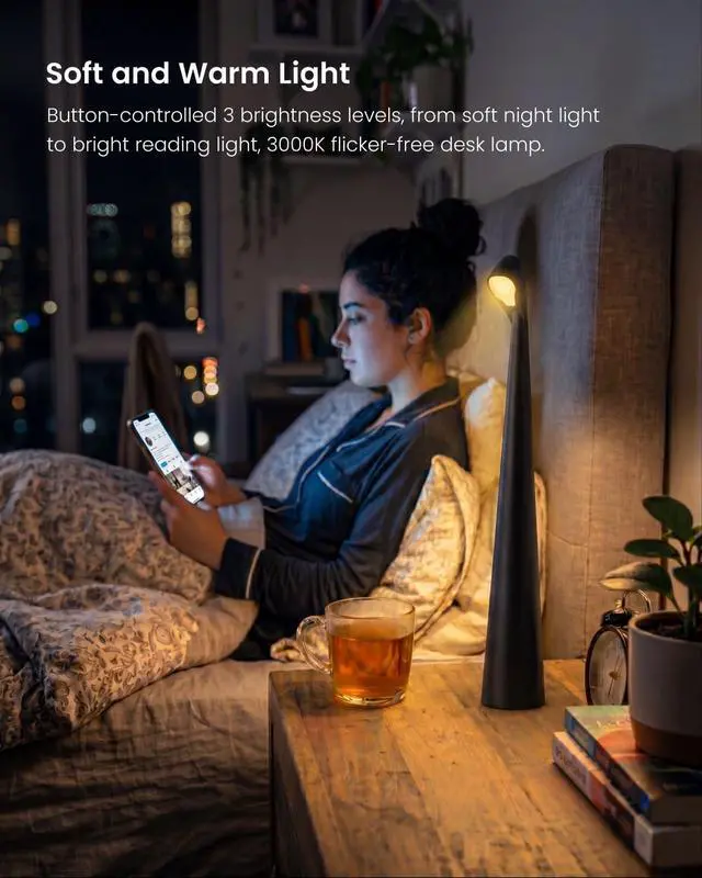 Alt view image 4 of 7 - Cordless LED Table Lamp, 4000mAh Rechargeable Portable Desk Lamp, 3-Level Brightness, Bedside Night Light, Ambient Reading Light for Restaurant, Bedroom, Outdoor Camping, Night Light, Black