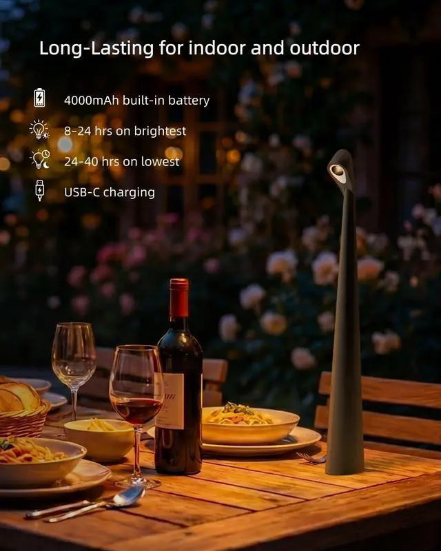 Alt view image 6 of 7 - Cordless LED Table Lamp, 4000mAh Rechargeable Portable Desk Lamp, 3-Level Brightness, Bedside Night Light, Ambient Reading Light for Restaurant, Bedroom, Outdoor Camping, Night Light, Black
