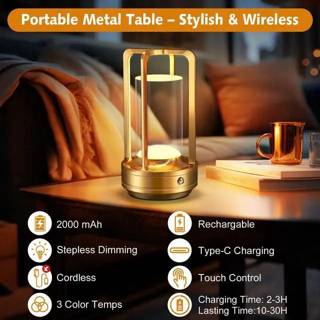 Alt view image 4 of 7 - Rechargeable Table Lamp for Outdoor Indoor Portable Lamp with 3 Colors