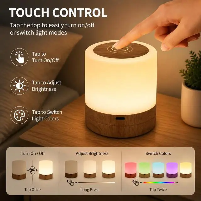 Alt view image 6 of 7 - Mini Night Light with Remote Control, RGB Color Changing Lamp, Touch Sensor Bedside Lamp, Dimmable LED Table Lamp with Timer, Rechargeable Portable Nightstand Light for Bedroom, Baby Room
