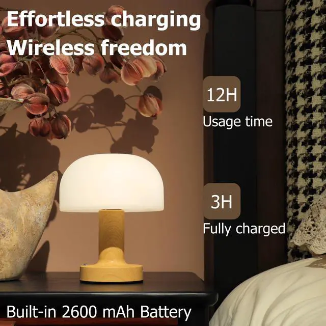 Alt view image 5 of 7 - Cordless Rechargeable Mushroom Table Lamp, Dimmable 3-Color Night Light