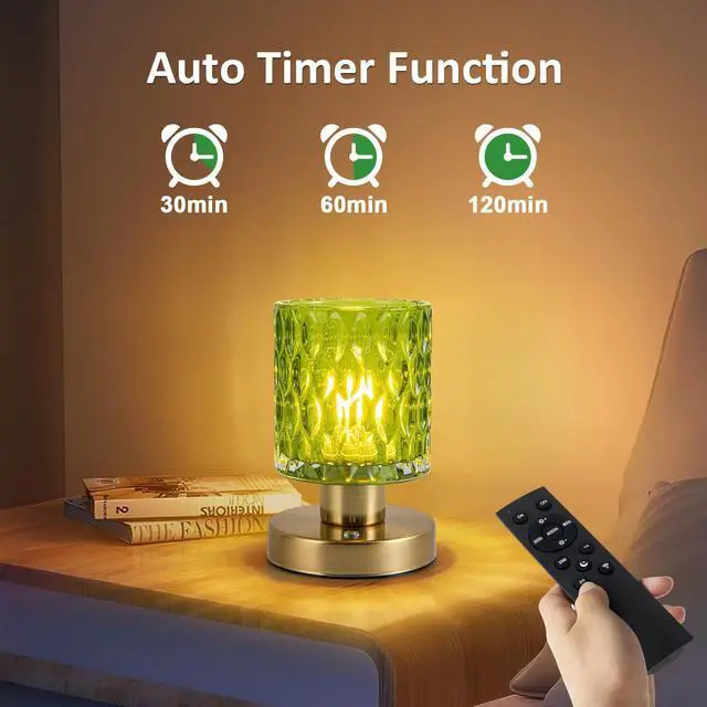 Alt view image 3 of 7 - Cordless Rechargeable Table Lamp with Timer & Remote Control, Dimmable Touch Glass Battery Powered Lamp, Aesthetic Small Night Light for Bedroom Desk Bookshelf Living Room Decor (Jade Green)