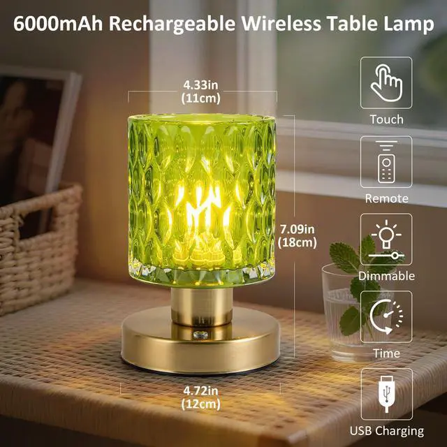 Alt view image 6 of 7 - Cordless Rechargeable Table Lamp with Timer & Remote Control, Dimmable Touch Glass Battery Powered Lamp, Aesthetic Small Night Light for Bedroom Desk Bookshelf Living Room Decor (Jade Green)