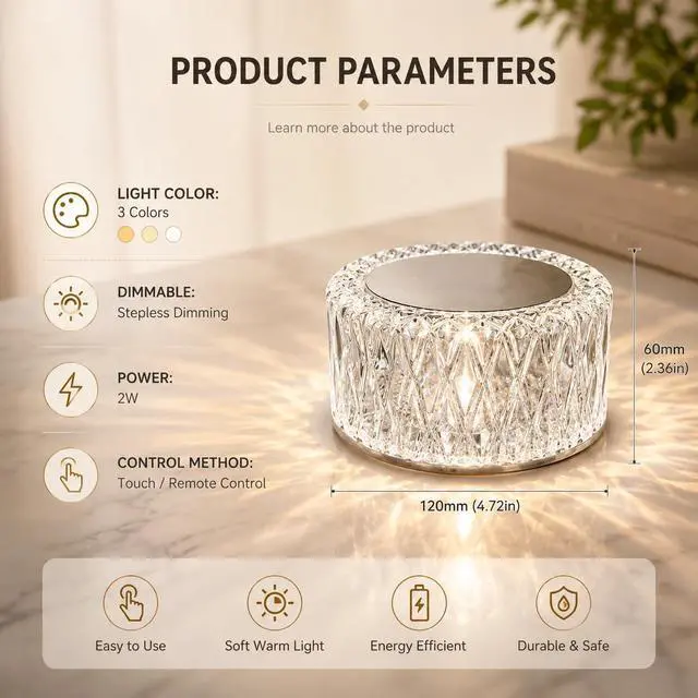 Alt view image 4 of 7 - Crystal Table Lamp, 3 Color Changing Touch Night Light,USB Rechargeable LED Projection Lamp,Dimmable Acrylic Crystal Mood Light for Bedroom,Living Room,Party,Home Decor