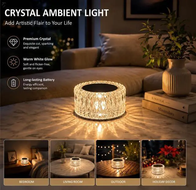 Alt view image 2 of 7 - Crystal Table Lamp, 3 Color Changing Touch Night Light,USB Rechargeable LED Projection Lamp,Dimmable Acrylic Crystal Mood Light for Bedroom,Living Room,Party,Home Decor