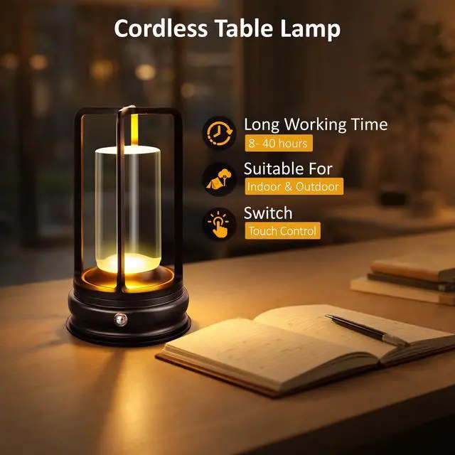 Alt view image 2 of 7 - Cordless Table Lamp - 1 Pack Rechargeable 2000mAh Battery Operated LED Lamp with 3-Color Stepless Dimming, Touch Control, for Dining Room, Bedroom, Bar, Restaurant, Patio & Camping, Black
