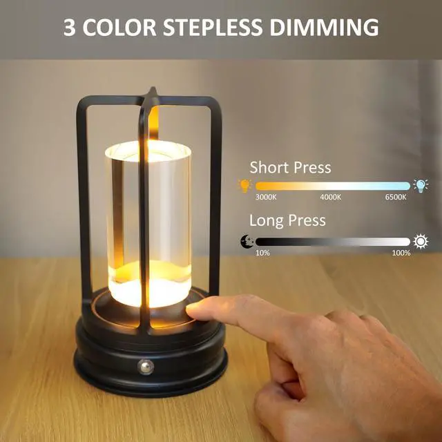 Alt view image 3 of 7 - Cordless Table Lamp - 1 Pack Rechargeable 2000mAh Battery Operated LED Lamp with 3-Color Stepless Dimming, Touch Control, for Dining Room, Bedroom, Bar, Restaurant, Patio & Camping, Black