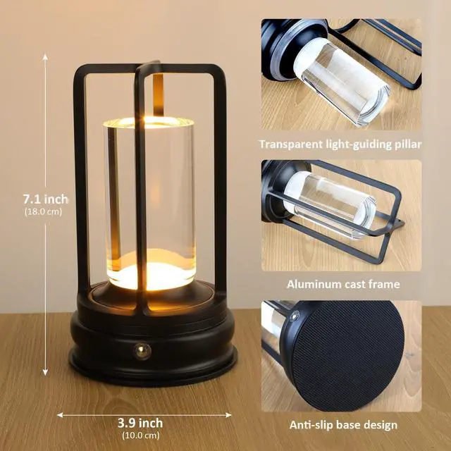Alt view image 7 of 7 - Cordless Table Lamp - 1 Pack Rechargeable 2000mAh Battery Operated LED Lamp with 3-Color Stepless Dimming, Touch Control, for Dining Room, Bedroom, Bar, Restaurant, Patio & Camping, Black