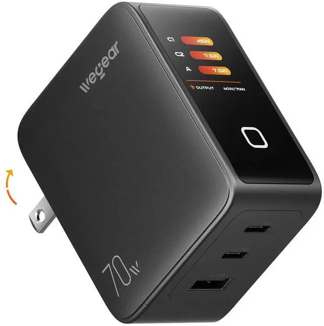 Main image of 70W GaN USB C Charger Block with Smart Display & Touch Control, 3-Port PD3.0 Fast Wall Charger, Foldable Plug Power Adapter for MacBook Air/Pro, iPhone 17/16, iPad, Galaxy S25/S24