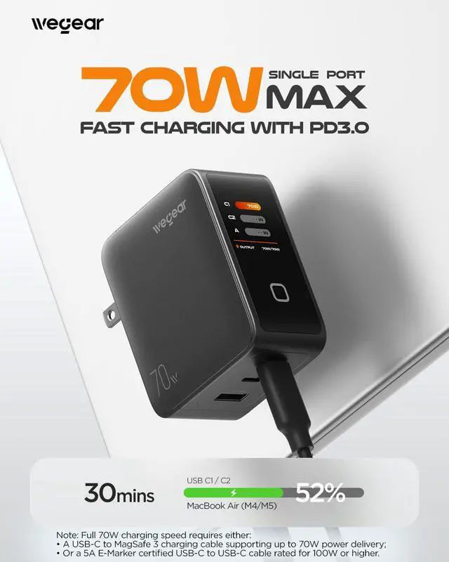 Alt view image 2 of 7 - 70W GaN USB C Charger Block with Smart Display & Touch Control, 3-Port PD3.0 Fast Wall Charger, Foldable Plug Power Adapter for MacBook Air/Pro, iPhone 17/16, iPad, Galaxy S25/S24