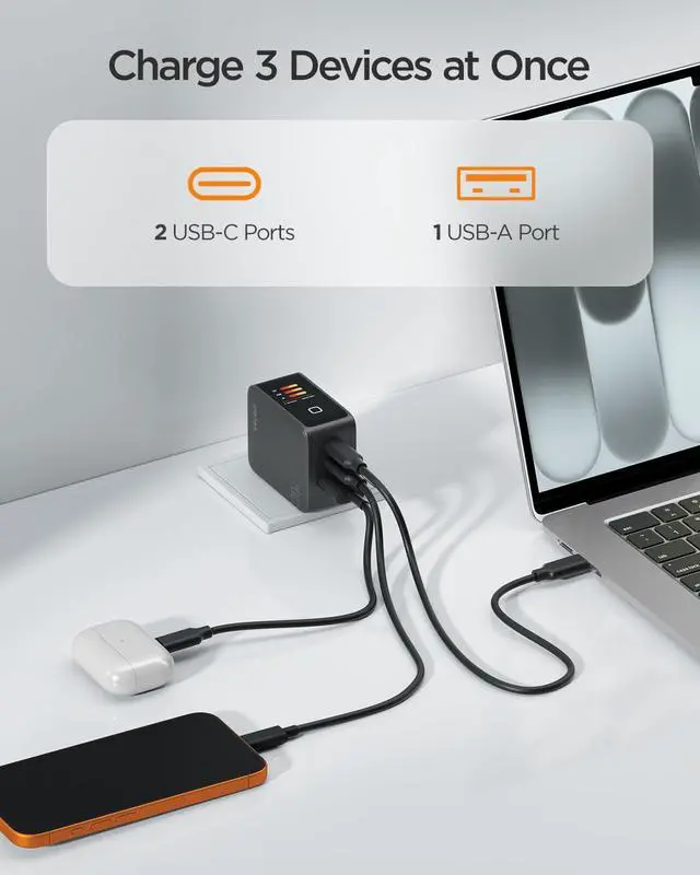 Alt view image 4 of 7 - 70W GaN USB C Charger Block with Smart Display & Touch Control, 3-Port PD3.0 Fast Wall Charger, Foldable Plug Power Adapter for MacBook Air/Pro, iPhone 17/16, iPad, Galaxy S25/S24
