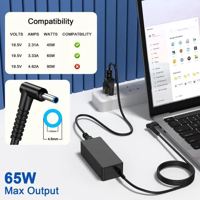 Alt view image 3 of 7 - 65W Laptop Charger Replacement for HP Laptop HP EliteBook Envy Pavilion ProBook Stream Chromebook Spectre, Blue Tip 4.5mm 19.5V 3.33A Computer Power Adapter