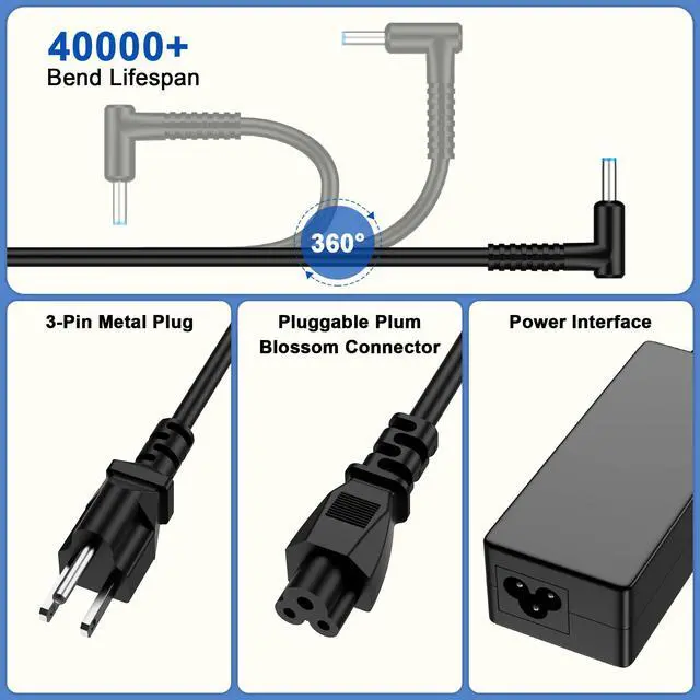 Alt view image 4 of 7 - 65W Laptop Charger Replacement for HP Laptop HP EliteBook Envy Pavilion ProBook Stream Chromebook Spectre, Blue Tip 4.5mm 19.5V 3.33A Computer Power Adapter