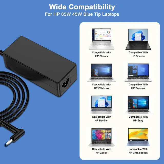 Alt view image 5 of 7 - 65W Laptop Charger Replacement for HP Laptop HP EliteBook Envy Pavilion ProBook Stream Chromebook Spectre, Blue Tip 4.5mm 19.5V 3.33A Computer Power Adapter