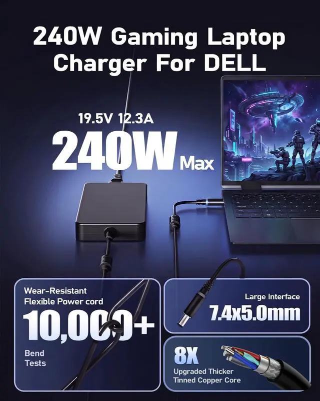 Alt view image 2 of 7 - 240W 180W Laptop Charger Compatible with Dell G15 G16 G7 G5 5511 5520 5530 7620 7590 7790 Precision 7510 7530 7540 7550 7720 7730 7740 7750 7760 7770 7780 Power Supply Adapter