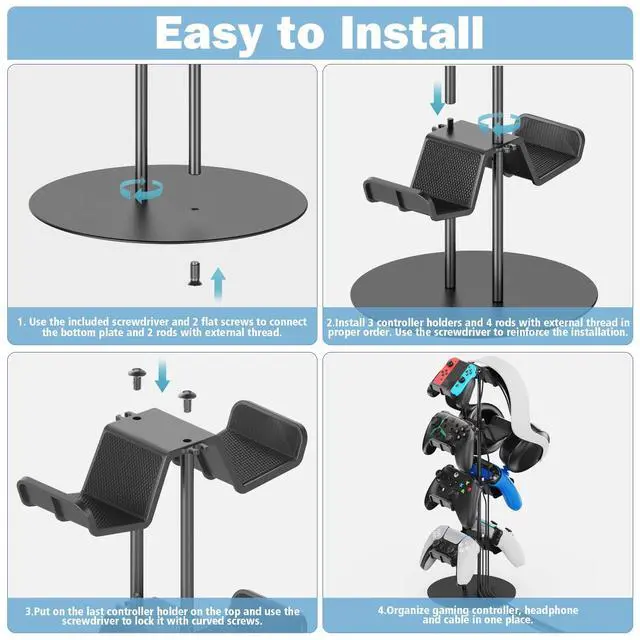 Alt view image 4 of 7 - Controller Stand 4 Tiers with Cable Organizer for Desk, Universal Headphone Stand Compatible with Xbox PS5 PS4 Console Nintendo Switch, Headset Holder & Desk Mounts for 8 Packs Controller