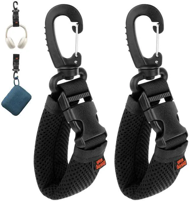 Main image of 2 Pcs Portable Rotating Headphone Hooks Holder with Carabiner, Over-Ear Headset Hanger Storage Hook for Wall/Backpacks/Belt Loops/Bicycles - Black