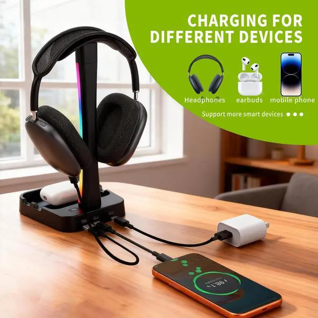 Alt view image 2 of 7 - Headphone Stand with Charger,Gaming Headset stand with RGB Light Mode,For Airpod Max Stand,Desk Lamp,Phone Holder,Tablet Holder,desktop organizer,Gifts for Gamers & Music Lover(Black)