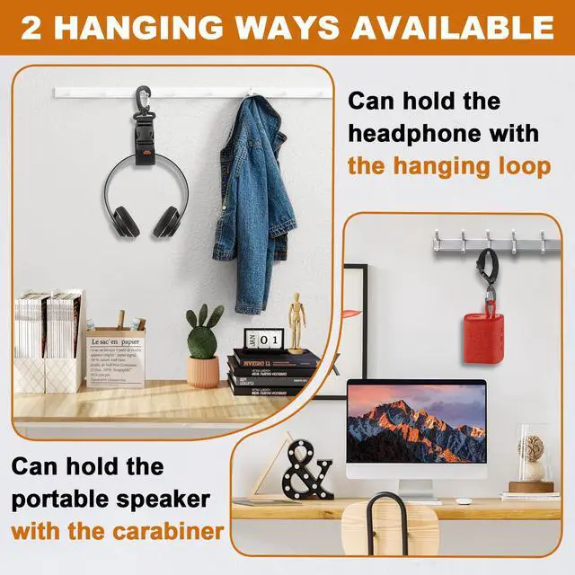 Alt view image 4 of 7 - 2 Pcs Portable Rotating Headphone Hooks Holder with Carabiner, Over-Ear Headset Hanger Storage Hook for Wall/Backpacks/Belt Loops/Bicycles - Black