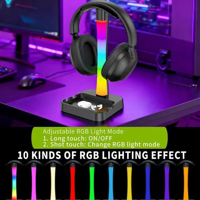 Alt view image 3 of 7 - Headphone Stand with Charger,Gaming Headset stand with RGB Light Mode,For Airpod Max Stand,Desk Lamp,Phone Holder,Tablet Holder,desktop organizer,Gifts for Gamers & Music Lover(Black)